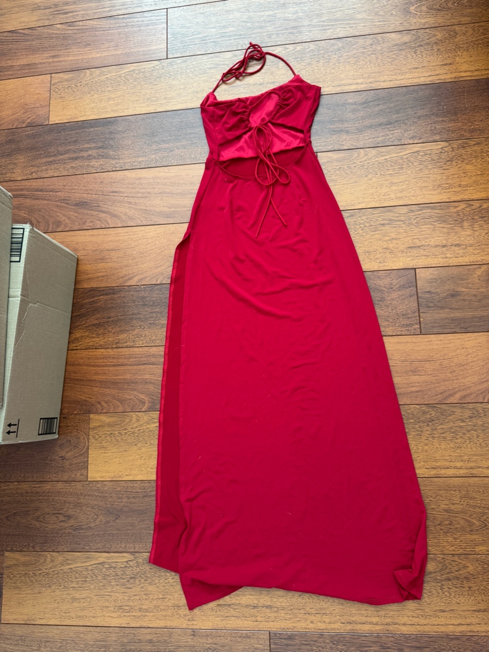 Lucy in the Sky Red Halter Maxi Dress Size Small Open Back High Slit - Picture 2 of 5